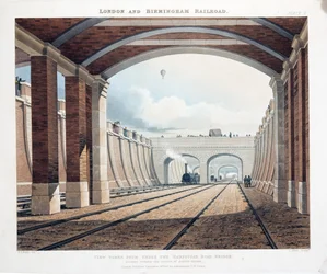 Näkymä otettu Hampstead Road Bridgen alta, katsoen kohti asemaa Euston Squarella, 1837 (käsinvärinen kaiverrus)