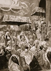 Kulkue Westminster Hallista Yrjö III:n ja kuningatar Charlotten kruunajaisissa, September 22nd, 1761, lehdestä ”The Illustrated London News”, 1902