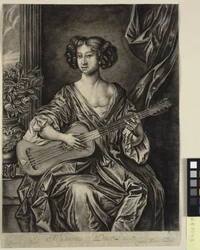 Lady soittaa kitaraa, "Madame Davis"; Sir Peter Lelyn maalatun muotokuvan jälkeen n. 1674 Mary Daviesista Earl of Bradfordin kokoelmassa