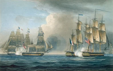 HMS Arethusan Pomonen vangitseminen Kuuban edustalla vuonna 1806, T. Sutherlandin kaiverrus J. Ralfen teokseen "The Naval Chronology of Great Britain", julkaistu 1820