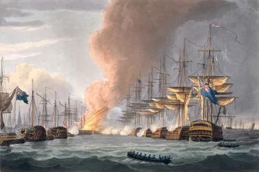 Tanskan laivaston tuhoaminen ennen Kööpenhaminaa, 2. huhtikuuta 1801, kaivertanut Thomas Sutherland J. Jenkinsin teokseen "Naval Achievements", 1816