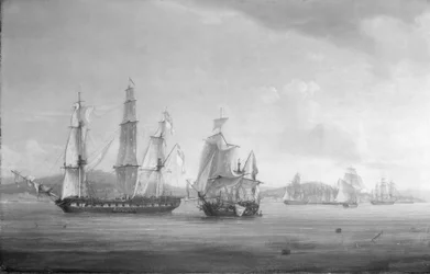 HMS "Spartan" sekä Ranskan ja Napolin laivaston laivue, taistelun loppu, 3. toukokuuta 1810, Napolinlahti, Italia. Öljy kankaalle