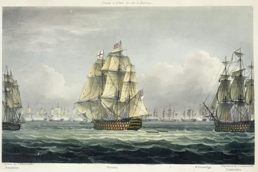 HMS Victory purjehtii kohti Ranskan taistelulinjaa Euryaluksen ja HMS Temerairen reunustamana Trafalgarin taistelussa lokakuun 21. päivänä 1805, kaivertanut T. Sutherland teokseen "The Naval Chronology of Great Britain"