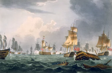 Lordi Howen voitto 1. kesäkuuta 1794, kaivertanut Thomas Sutherland J. Jenkinsin teokseen "Naval Achievements", 1816