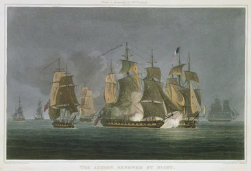 The Action Renewed by Night, Madagaskarin edustalla, 20. toukokuuta 1811, kaivertanut J. Bailey J. Ralfen teokseen "The Naval Chronology of Great Britain", julkaistu 1820