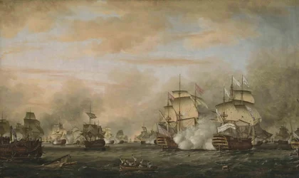 Saintesin taistelu, 12. huhtikuuta 1782. HMS Barfleur hyökkää Ranskan lippulaiva Ville de Parisin kimppuun