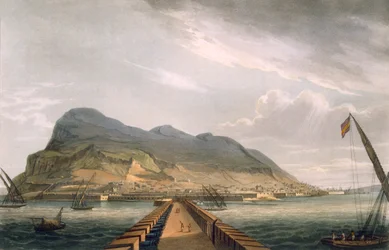 Näkymä Gibraltarille, kaivertanut Thomas Sutherland J. Jenkinsin teokseen "Naval Achievements", 1816