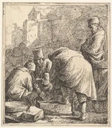 Mies säätelemässä jalkineita, vasemmalla Kolme miestä pelikorttia, 1630-77.