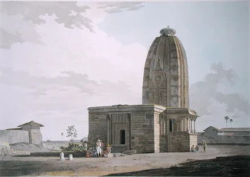 Hindoo Temple at Deo, Bahar, levy XXIII julkaisusta Oriental Scenery, julkaistu 1800 (värillinen akvatinta)