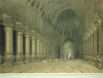 Kaivetun hindutemppelin sisustus Salsetten saarella, levy 63 julkaisusta Oriental Scenery: Twenty Four Views in Hindoostan, julkaistu 1800 (värilitho)
