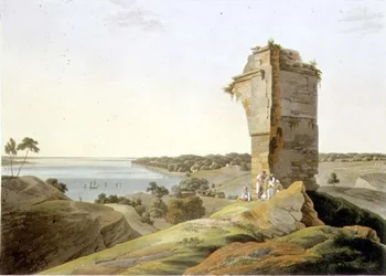Näkymä Currahin linnakkeen raunioilta Ganges-joella, levy XXI osasta 4 "Oriental Scenery", pubi. 1803 (akvatinta)