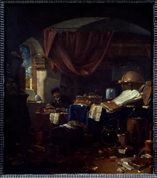 Näkymä alkemistin laboratoriosta Thomas Wyckin (1616-1677) maalaus 1600-luvun Caen, Kuvataidemuseo.