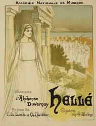 Jäljennös julisteesta, joka mainostaa Academie Nationale de Musiquen esittämää oopperaa "Helle", 1896
