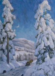Hevonen ja reki talvimaisemassa (öljy kankaalle)