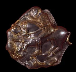 Traakialainen sivilisaatio: kultainen hopeavalaisin, joka edustaa ratsastajaa, jolle karhu hyökkäsi. 400-350 eaa. Lovtch, historiallisen osaston museo, Bulgaria