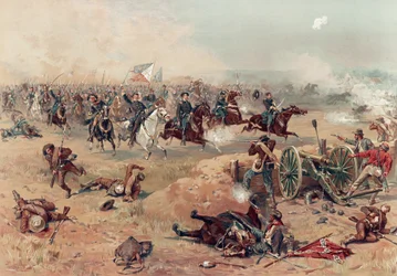 Sheridans Final Charge Winchesterissä, pubissa. :. Prang & Co., 1886 (värilitografia)