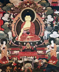 Buddha istuu kahden suuren opetuslapsensa Cariputran ja Maudgalyayanan välissä, kohtauksia Buddha Sakyamunin elämästä, Tiibetin sivilisaatiosta