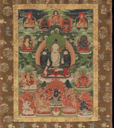 Manjushri, viisauden boddhisattva (jauhettu mineraalipigmentti puuvillalla)