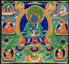Thangka-maalaus, joka kuvaa Adibuddha Vajradharaa (Do rje chang), tiibetiläinen, 1800-luku (pentukka kalikossa)