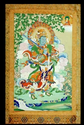 Thangka-maalaus, joka kuvaa Virudhakaa (Pag che po) Etelän vartijaa, tiibetiläinen, 1800-luku (rullilla silkkiin kiinnitetty paperi)