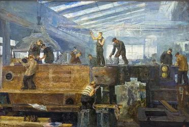 Le plan quinquennal - Turbiinin asennus par Chernyshev, Tikhon Pavlovich (1882-1942). Öljy kankaalle, koko: 75x110