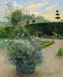 White Daisies Against the Sweetpea Trellis (öljy kankaalle)