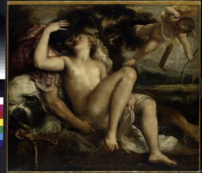 Mars, Venus ja Cupido. Maalaus, jonka teki Tiziano Vecelli eli Vecellio, myös Tiziano da Cador, lisänimeltään Tizian tai Titian (noin 1490-1576), noin 1530. Italialaista taidetta (Venetsia)