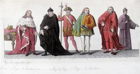 Aateliset venitsialaiset (doge, Page ja senaattori). Kaiverrus on saanut inspiraationsa Tiziano Vecelliosta, joka tunnetaan nimellä Le Titian (1485-1576), ja se on kopioitu Pyhän Markuksen basilikan mosaiikeissa. Jules Ferrarion "" Vanha ja moderni puku"" 