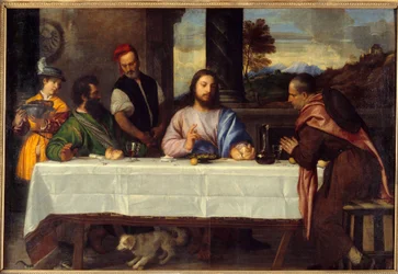 Illallinen Emmauksessa Tapaa Jeesus pelerinien kanssa. Tiziano Vecellio dit le Titian (1485-1576) maalaus 1500-luvun su. 1,69 x 2,44 m