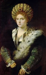 Isabella (Isabelle) d’Esten muotokuva, Tizian (1488-1576), noin 1535. Mitat: 102 x 64 cm. Kunsthistorisches Museum, Wien