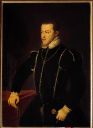 Muotokuva Philip II:sta (1527-1598) Espanjan ja Portugalin kuningas Tiziano Vecellion maalaus nimeltä Tizian (1485-1576) 1500-luvun aurinko. 1,08x0,76 m