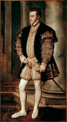 Philip II:n (1527-1598), Kaarle V:n pojan muotokuva Tiziano Vecellio dit Le Titianin (1485-1576) maalaus Palazzo Pitti, Galleria Palatina, Firenze