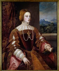 Portugalilaisen vaikutuksen Isabellan muotokuva (1503-1539) Tiziano Vecellion (1485-1576) maalaus 1500-luvun su. 1,17x0,98 m Madrid, Prado-museo