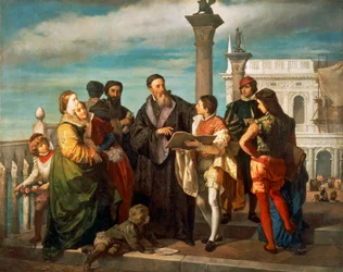 Tizianin (1488-1576) ja nuoren Veronesen (1528-88) tapaaminen Ponte della Paglialla, Antonio Zona (1814-1842), öljy kankaalle.