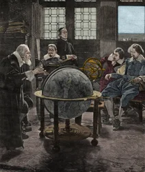 John Milton (1608-1674) vierailee Galileo Galilein (Galilee) luona tämän inkvisition vankilassa Arcetrissa lähellä Firenzeä vuonna 1640. 1800-luvun kaiverrus T. Lessin maalauksen mukaan.