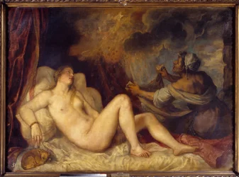 Danae vastaanottaa kultasateen. Zeus tulee Danaen luo kultakolikkosateen muodossa vietelläkseen hänet. Maalaus, jonka teki Tiziano Vecellio, lisänimeltään Tizian (1488-1576), 1553. Mitat: 1,29 x 1,8 m. Madrid, Prado-museo