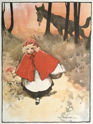 Punahilkka matkalla isoäitinsä luo, kun pahaenteinen, irvistelevä susi tarkkailee häntä. Tom Brownen (1872-1910) satuun tekemä kuvitus. Julkaistu 1900