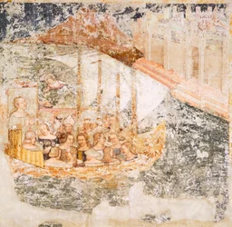 Purjehdus kohti Roomaa, yksityiskohta Stories of St Ursulasta, kirjoittanut Tommaso da Modena (1326-1379), fresko, yksityiskohta, Santa Caterinan kirkko, Treviso