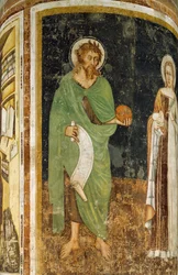Pyhä Agnes ja Johannes Kastaja, yksityiskohta Tommaso da Modenan (1325 tai 1326-ennen 1379) koristamasta pylväästä, fresko, Pyhän Nikolauksen kirkko, Treviso, Italia