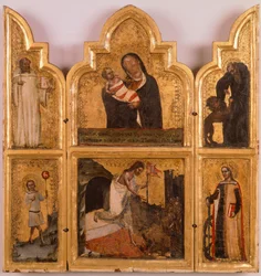 Puinen, kultainen polyptyykki Neitsyt ja lapsi, Kristuksen ja pyhien ylösnousemus, Tommaso da Modena (1326-1379).
