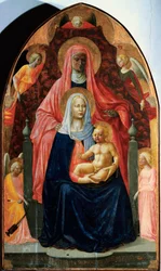 Madonnalla on lapsi Pyhän Annan ja viiden enkelin Detrempen kanssa Masaccion puulla (Tommaso di ser Giovanni di Mone Cassai) (1401-1428) 1424-1425 Mitat 175x103 cm Firenze, Galleria degli Uffizi (toimistot)
