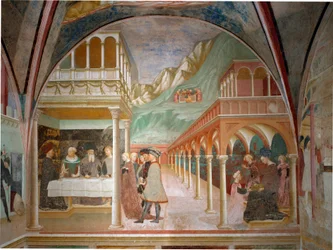 Pyhän Johannes Kastajan elämän kiertokulku: "" Herodeksen juhla" "Masolino da Panicalen fresko (Tommaso di Cristoforo Fini) (n. 1383-1440) 1435 Castiglione Olona, ​​Varese