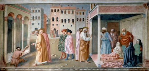 Pyhä Pietari soturi Tommaso di Cristoforo Fini dit Masolino da Panicalen (1383 - noin 1440) Tabitha-freskon estropiaa ja ylösnousemusta