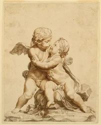 Piirros, Kaksi kupidoa suutelemassa, 1750-90