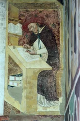 Hugues de Provence pöytänsä ääressä "Neljänkymmenen maineikkaan Dominikaanisen ritarikunnan jäsenen" kierroksesta Kapitaliatalossa 1342