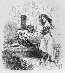 Esmeralda antaa Quasimodolle juotavaa, kuvitus Victor Hugon teoksesta "Pariisin Notre-Dame"
