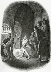 Esmeraldan kuulustelu - kuvitus teoksesta "Pariisin Notre-Dame", 1800-luku