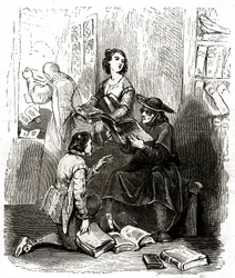 Pappi Pero Perez ja parturi-kampaaja Nicolas tarkastavat Don Quijoten kirjaston kirjoja, noin 1850 (kuvitus).