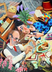 Mr. & Mrs. Pugh, kun hän suunnittelee vaimonsa kuolemaa, 2005 (akryyli paneelissa)