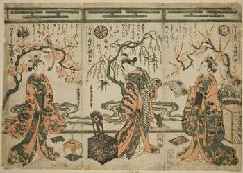 Joukkue c ja rs Ichimatsu Sanogawa (oikealla), Nakamura ja Mijuro (ensimmäinen liikkuja), suunnitelma d Kumetaji Nakamura (ft), jauheen m parisonista - kolmiosainen sarja (vertailu kolminkertaisen leveyden pari)